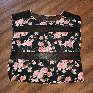 Torrid Floral Black Mesh Panel Striped Blouse Top Plus Size 2 Sleeveless Cap